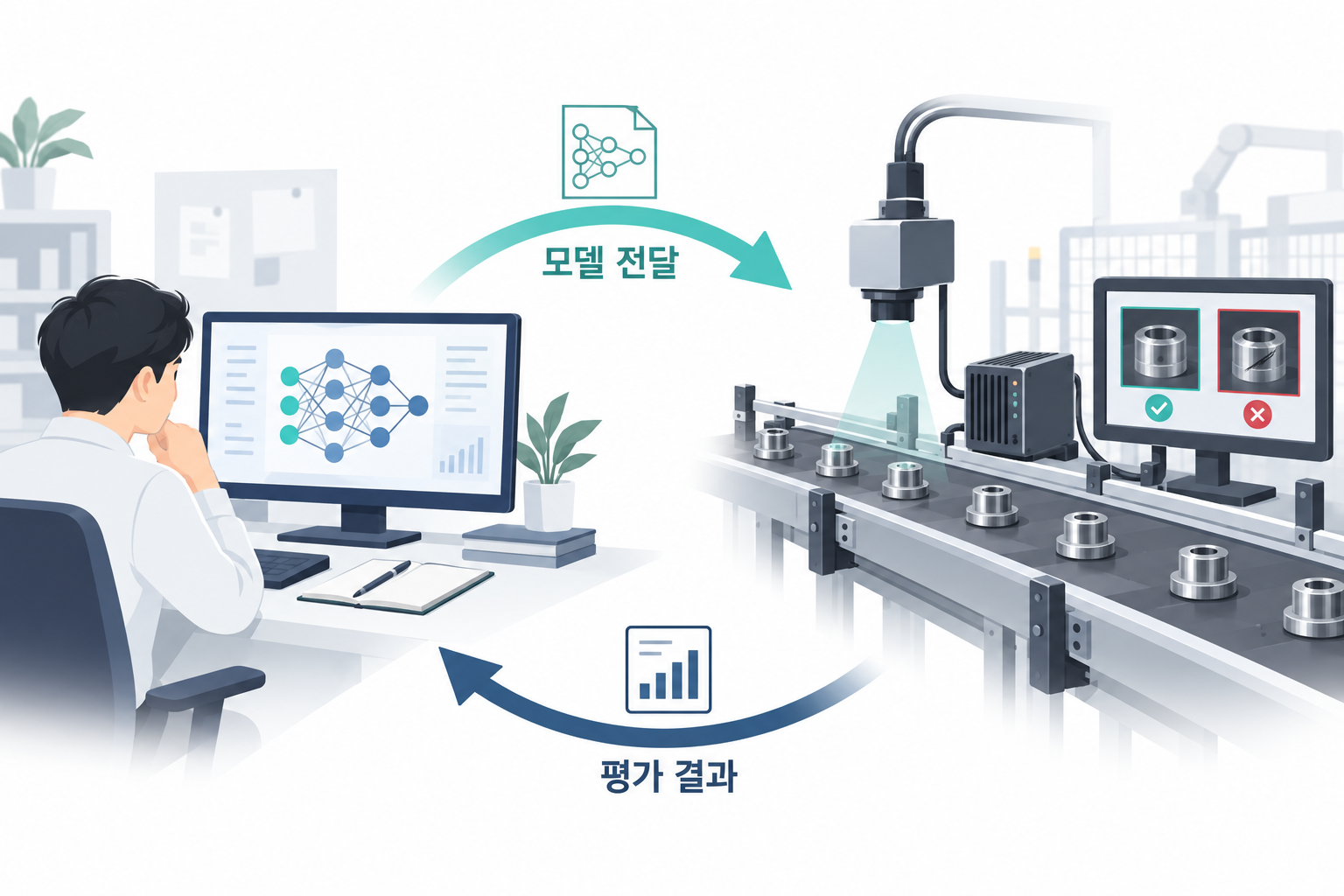 Hypothetical factory workflow: training, weight transfer, evaluation, model revision and renewed inference; not an installation or experimental result.