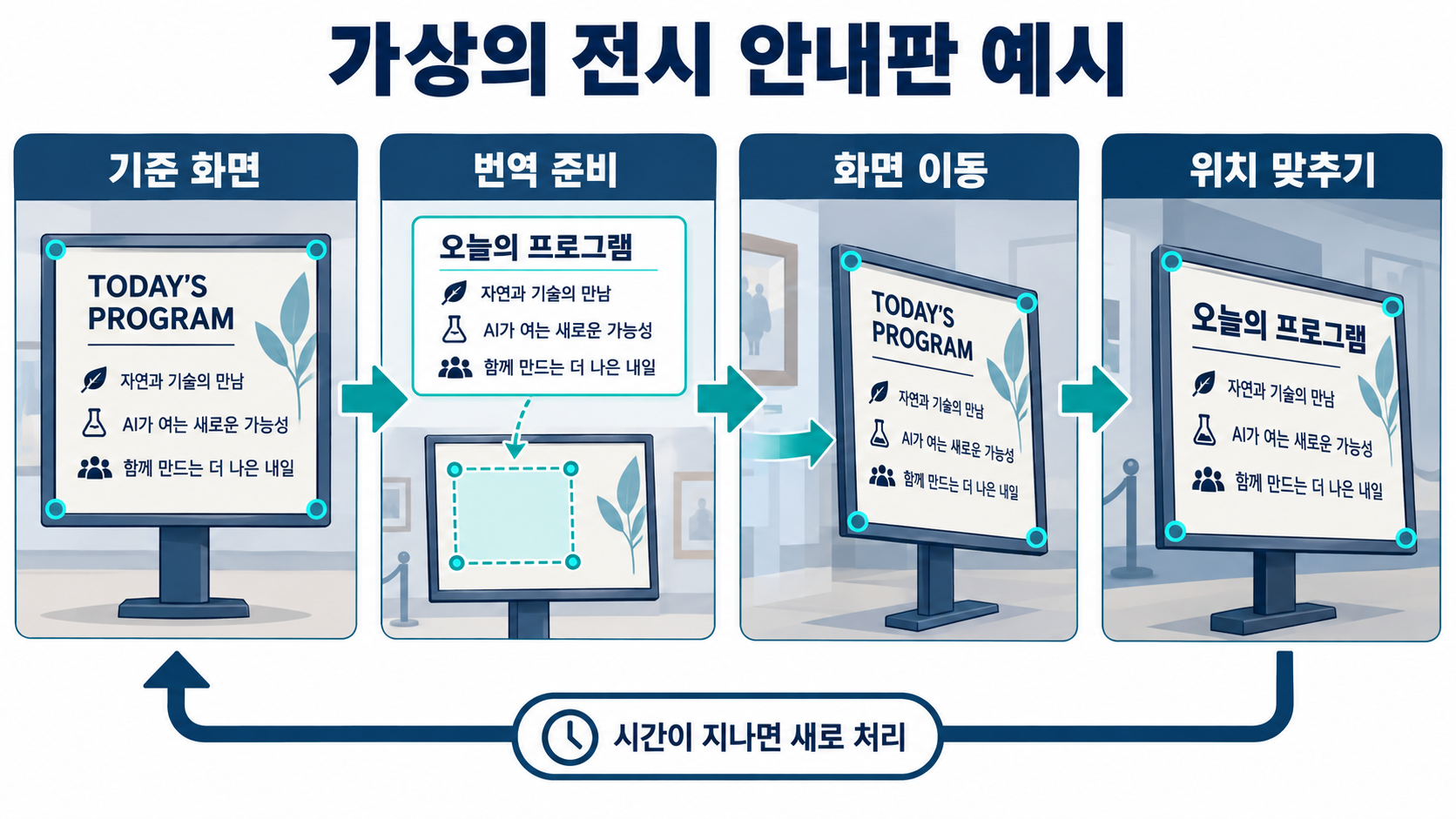 Fictional exhibition sign: English-to-Korean translation aligned after camera movement; original labels retained